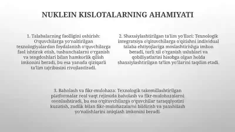 Nuklein Kislotalar Mavzusi Bo'Yicha O'Qituvchi Va O'Quvchi Hamkorligida O'Qitish Texnologiyasidan Foydalanib Dars Ishlanmalarini Ishlab Chiqish 3
