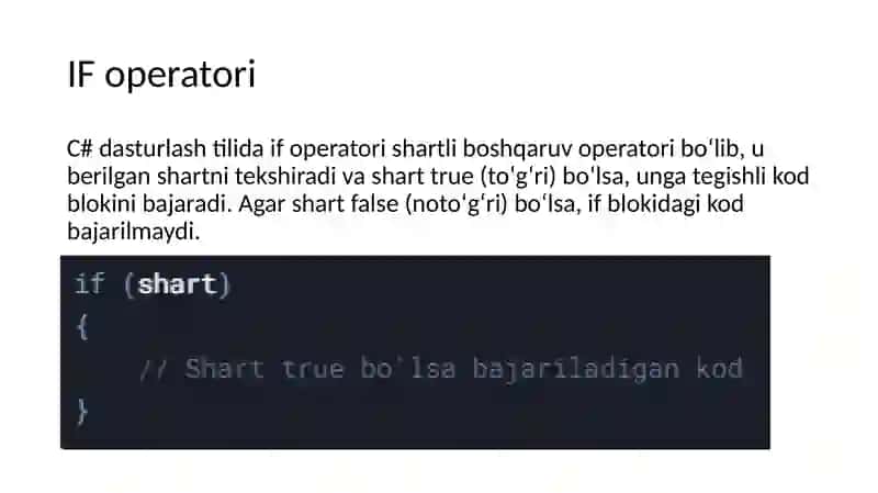 Boshqaruv operatorlari. if, if-else, ?:, switch operatorlari. Murakkab if operatorlari Ularga doir misollar 3