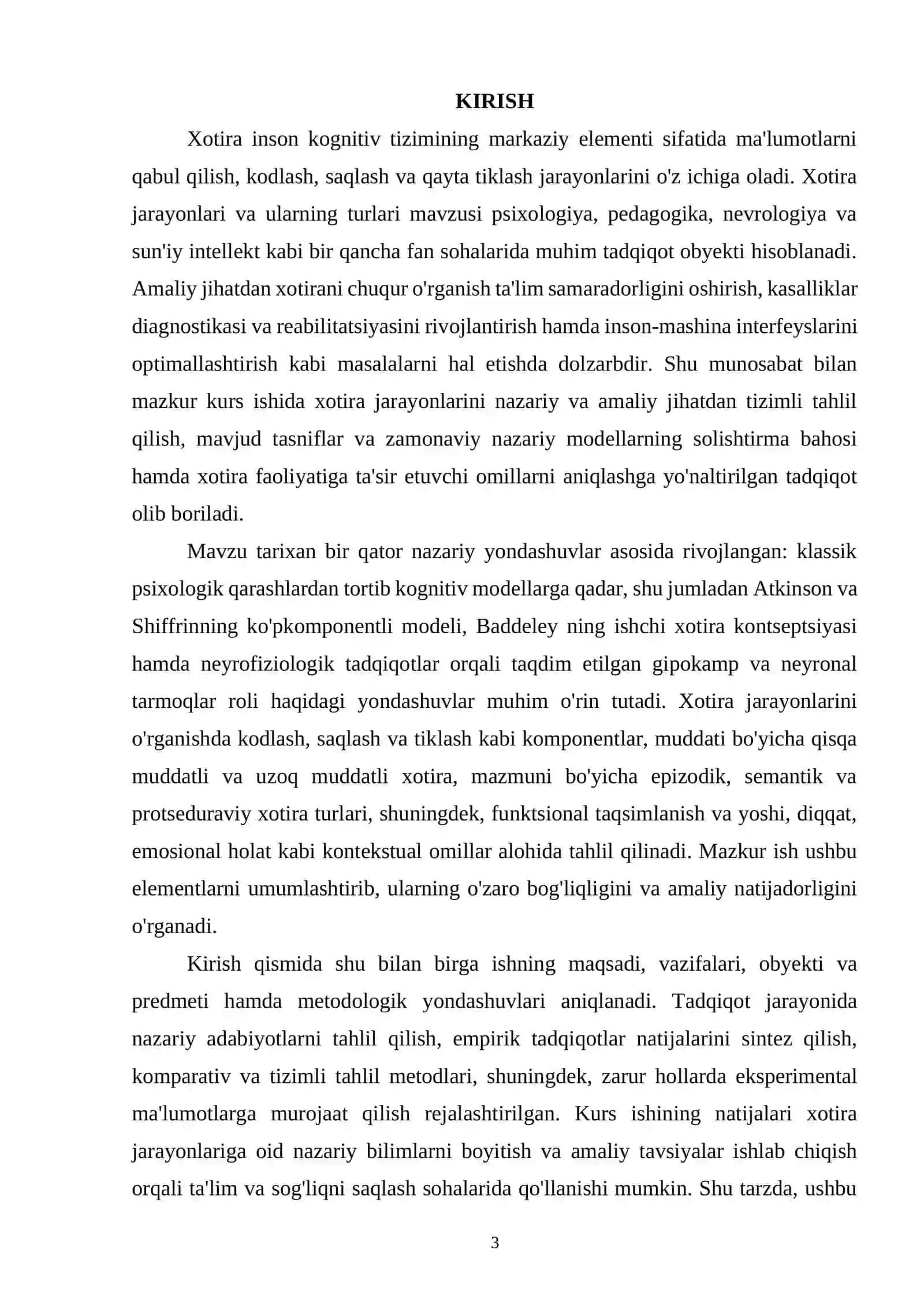"XOTIRA JARAYONLARI VA TURLARI" MAVZUSIDAGI KURS ISHI 3
