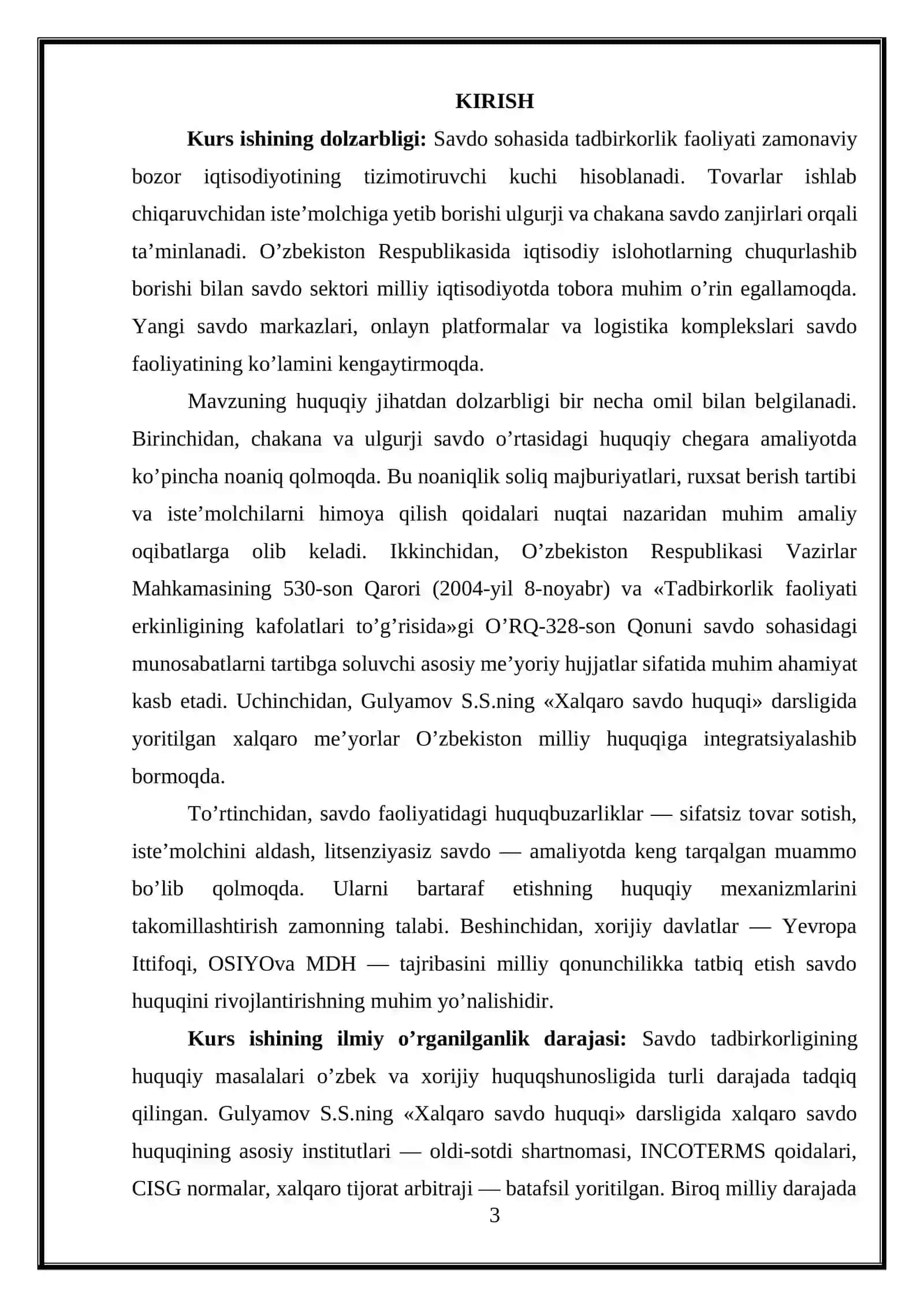 SAVDO SOHASIDA TADBIRKORLIK FAOLIYATI (CHAKANA VA ULGURJI SAVDO, AYRIM OMMAVIY HUQUQIY TARTIBLAR) 3