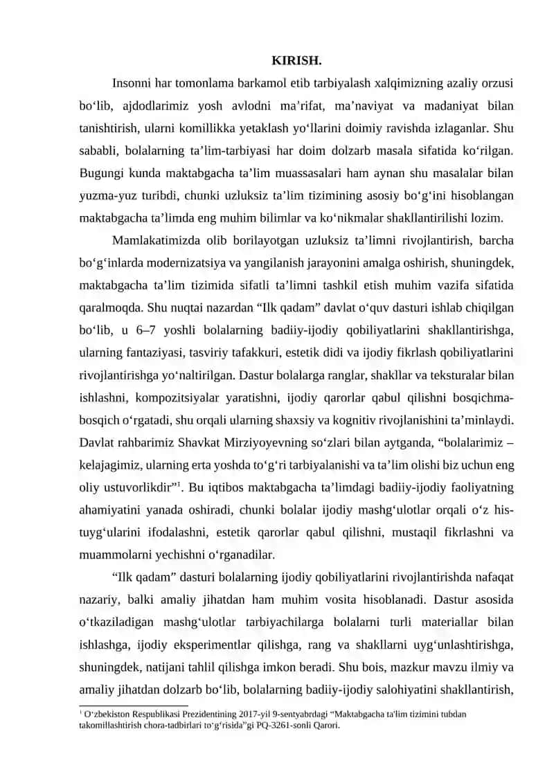Ilk qadam davlat o‘quv dasturi asosida 6-7 yoshli bolalarning badiiy-ijodiy qobiliyatlarini shakllantirish 3