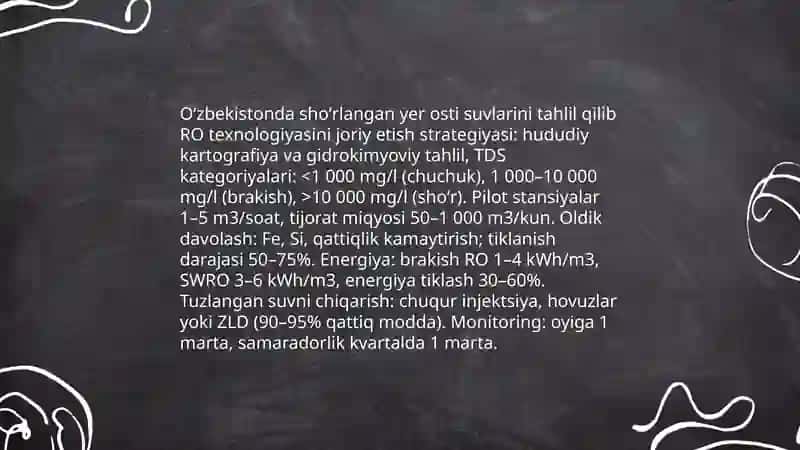 Oʻzbekistonda shoʻrlangan yer osti suvlarini tahlil qilib membranali (RO) texnologiyalarini joriy etish strategiyasi 3