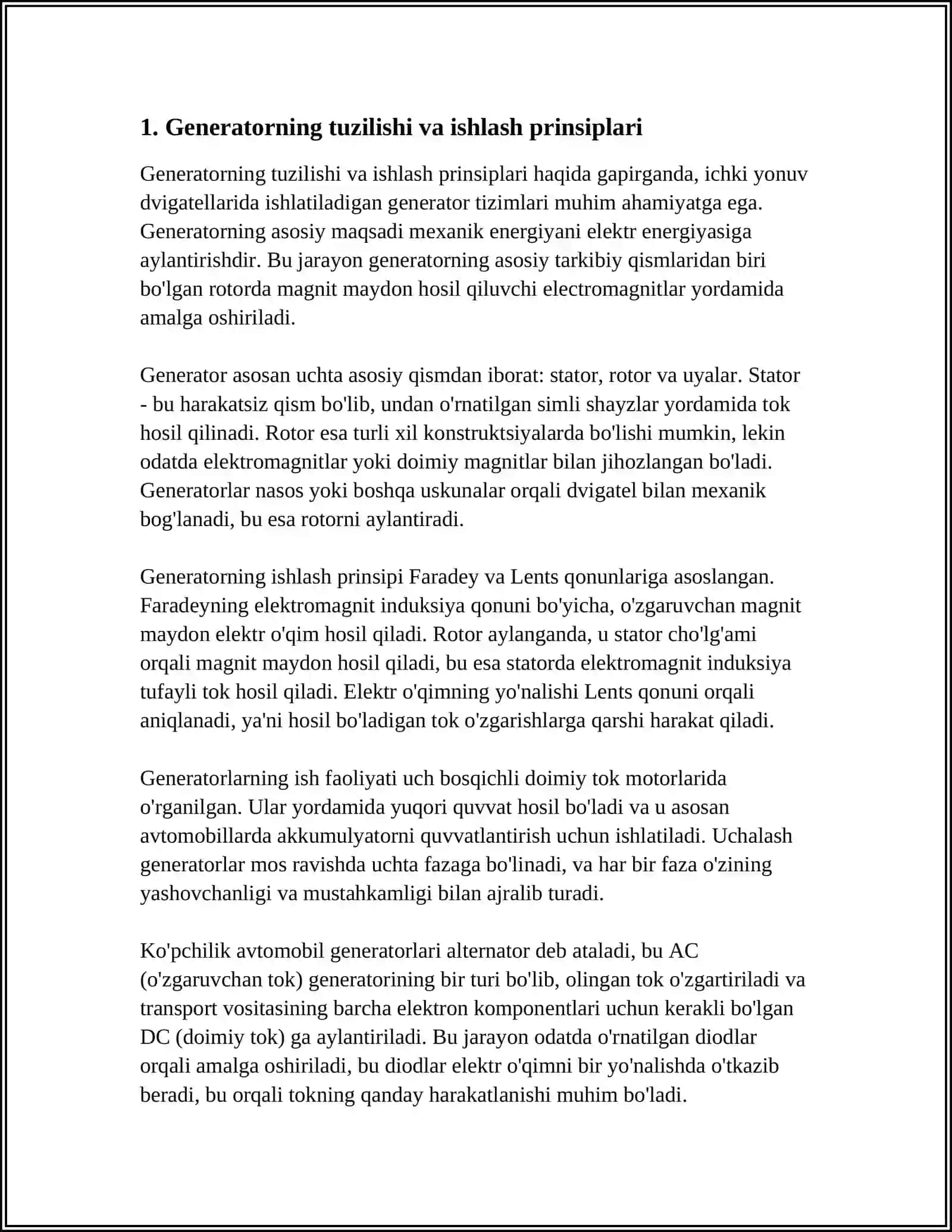 GENERATOR,TOK TOʻGʻRILAGICH, RELESOZLAGICH, STARTER, ELEKTR SIMLARI, OʻLCHOVCHI-NAZORAT YORITISH ASBOBLARI TXK ISHLARI TEXNOLOGIYASI 3