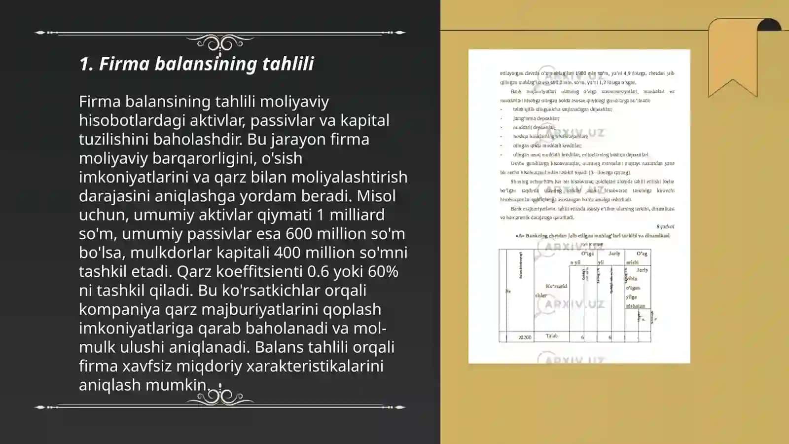 Firma balansining ko‘rsatkichlari va firma daromadini tahlil qilish 3