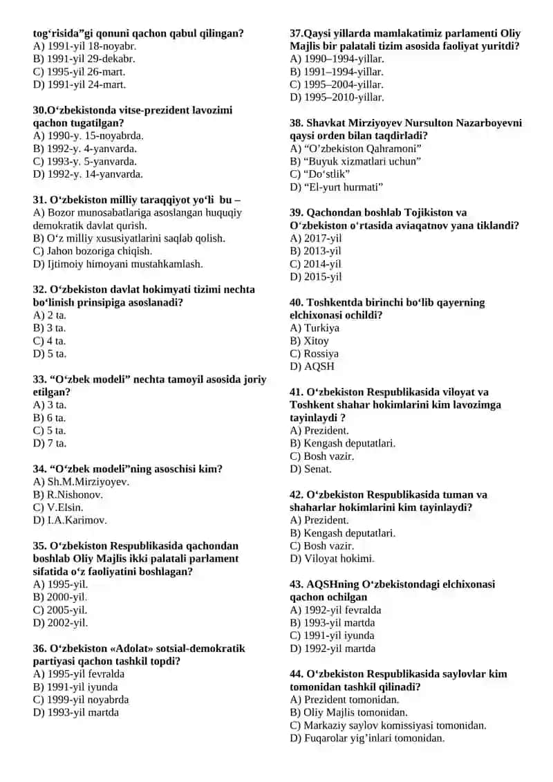 O‘ZBEKISTONNING ENG YANGI TARIXI FANIDAN YAKUNIY NAZORAT TEST SAVOLLARI (200 TA) 2025-2026 O‘QUV YILI 3