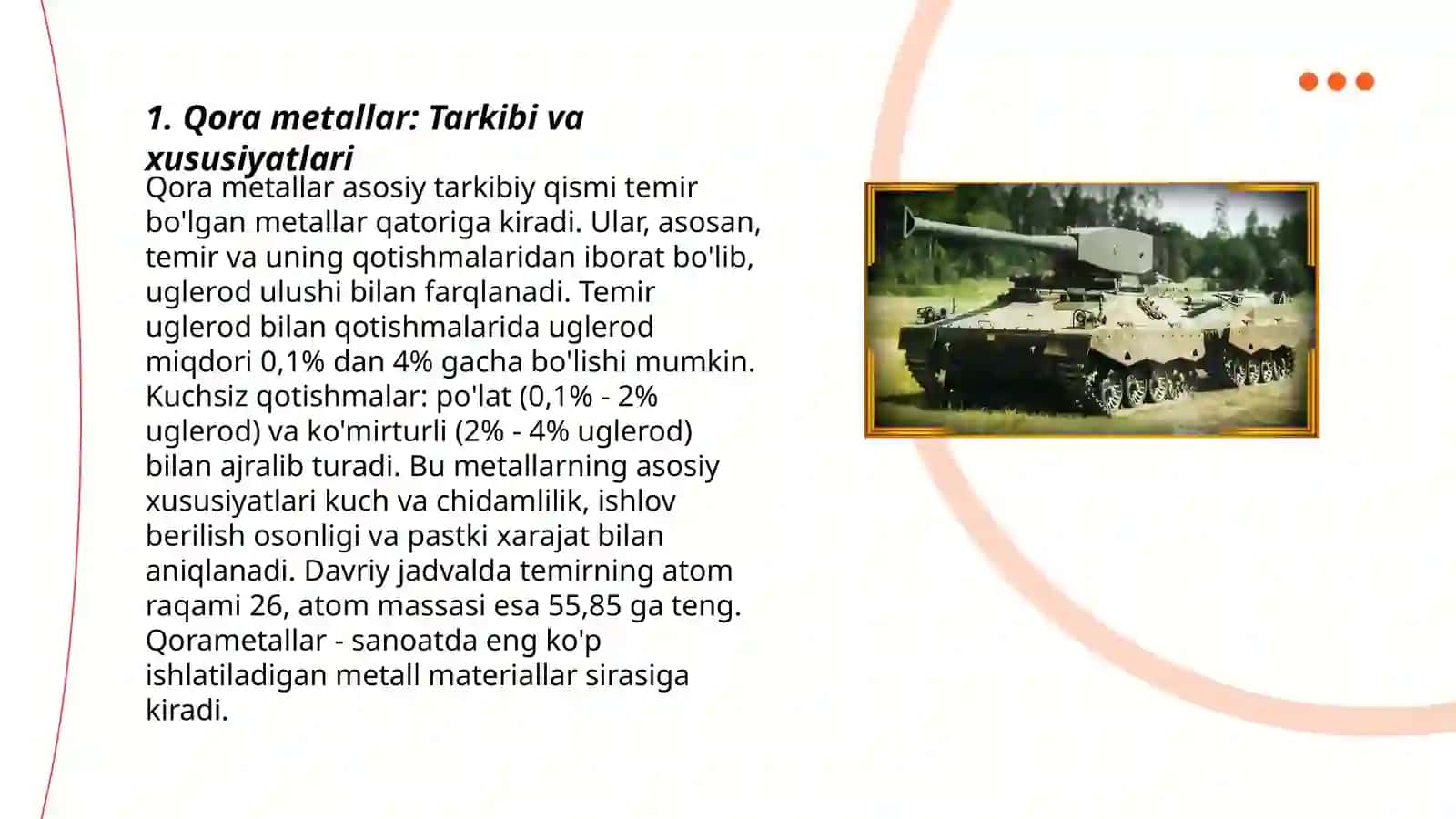 Qora metallarni ishlab chiqarish ularni texnikada xalq xo'jaligida qo'llanilishi va ishlatilishi 3