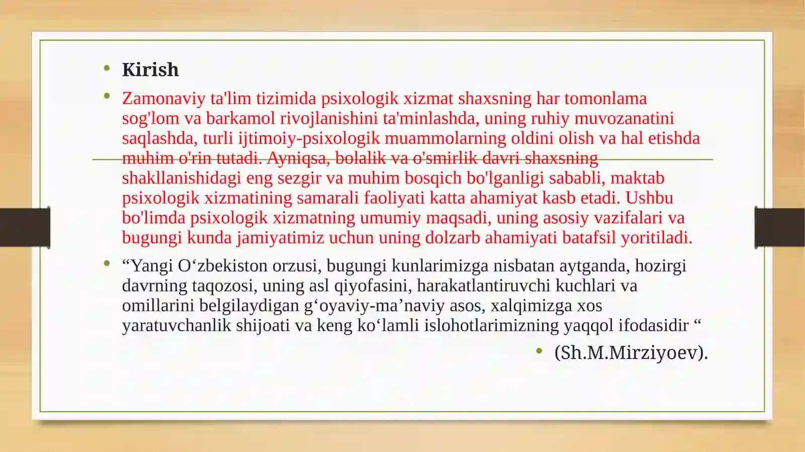 Ijtimoiy fanlar fakulteti Psixologiya (Amaliy psixologiya) t’lim yo‘nalishi 4-bosqich 222-guruh talabasi Bazarova Ruzigulning “Ta’lim muassasalarida psixologik xizmat” fanidankursi shibo‘yicha tayyorlagan taqdimoti 3