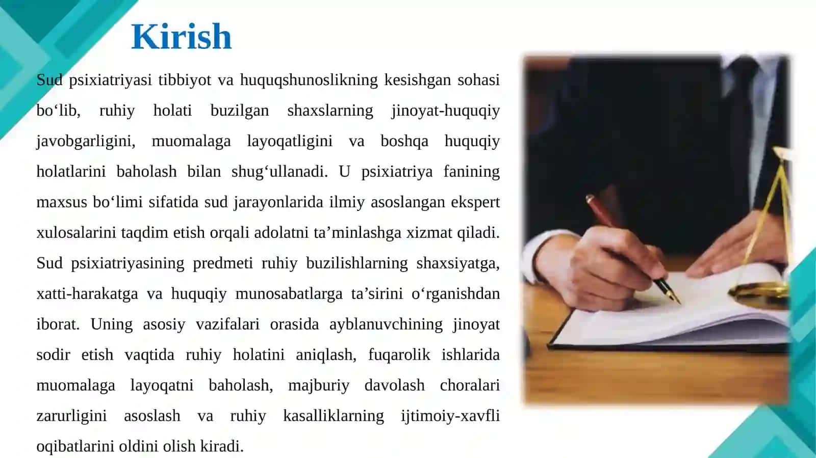Sud psixiatriyasi asoslari. Sud psixiatriyasining predmeti va vazifalari. Asosiy maqsadlari va ahamiyati. “Psixiatriya yordami to‘g‘risida” hamda “Sud-ekspertiza to‘g‘risida”gi qonunlar. Qonunchilikka umumiy sharh.pptx 3