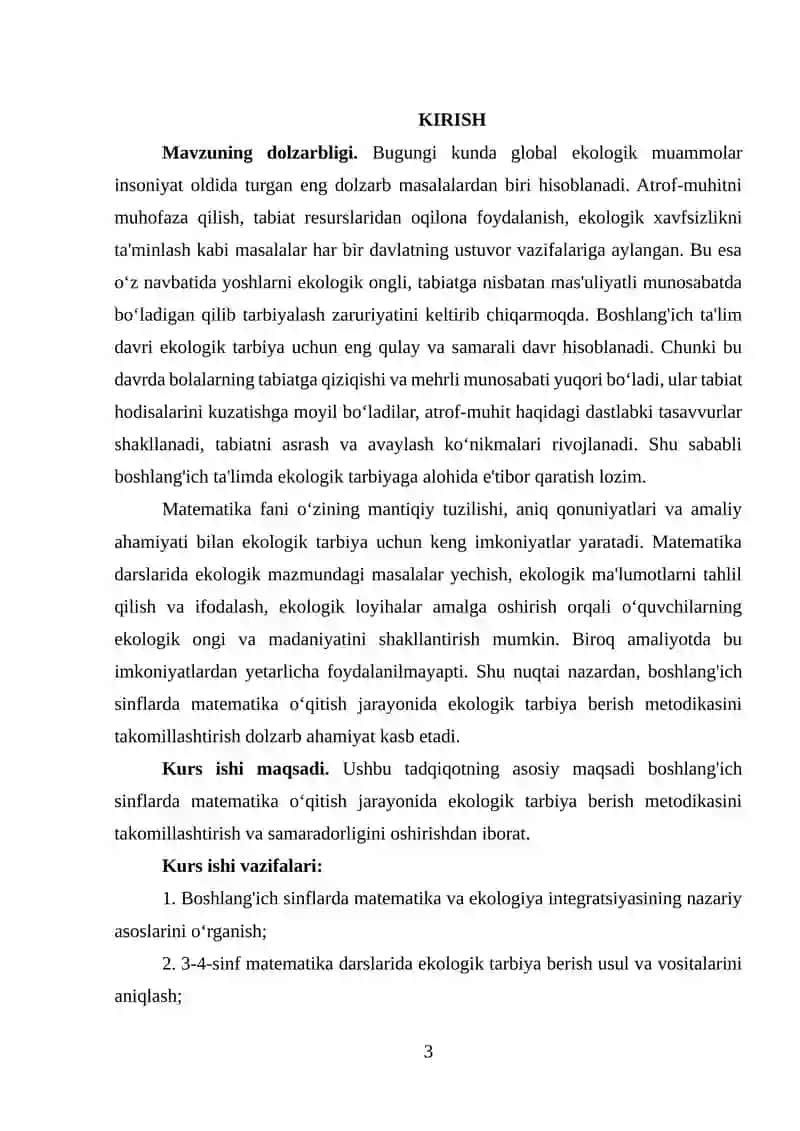 Boshlang‘ich sinflarda matematika o‘qitish jarayonida ekologik tarbiya berish metodikasi (3-4-sinflar misolida) 3