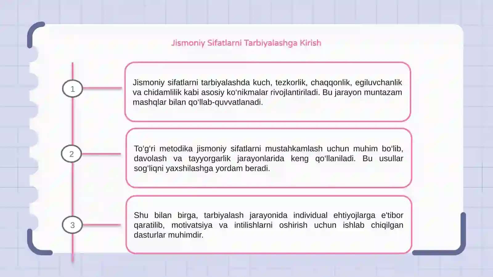 Jismoniy sifatlarni (kuch, tezkorlik, chaqqonlik, egiluvchanligi, chidamlilik) tarbiyalash medodikasi 3