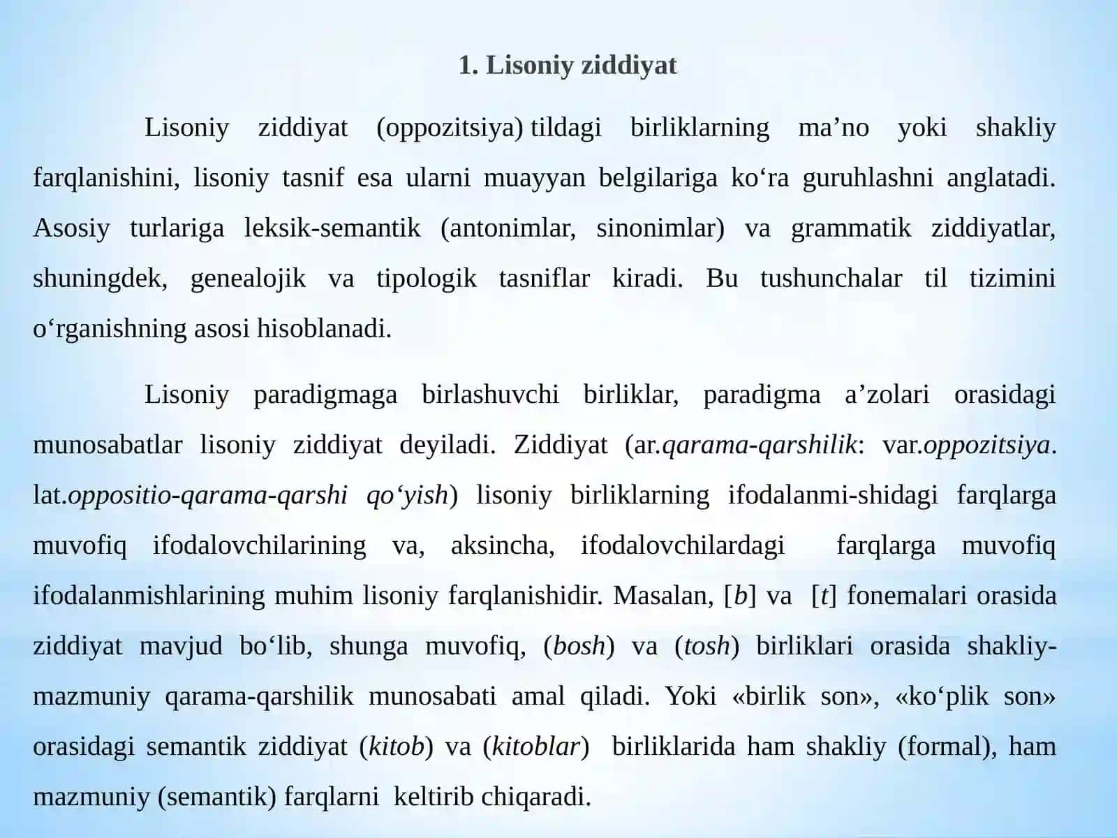 Lisoniy ziddiyat. Lisoniy tasnif va uning turlari. 3
