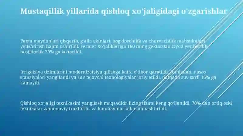 Mustaqillik yillarida qishloq xo'jaligi va sanoat sohasidagi o'zgarishlar 3