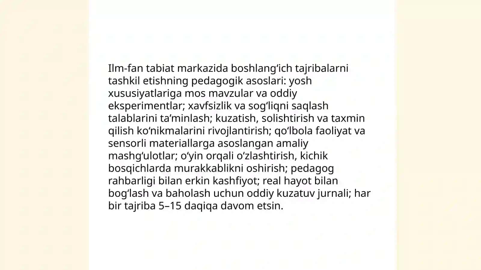Ilm-fan tabiat markazi da boshlang`ich tajribalarni tashkil etish texnologiyasi 3