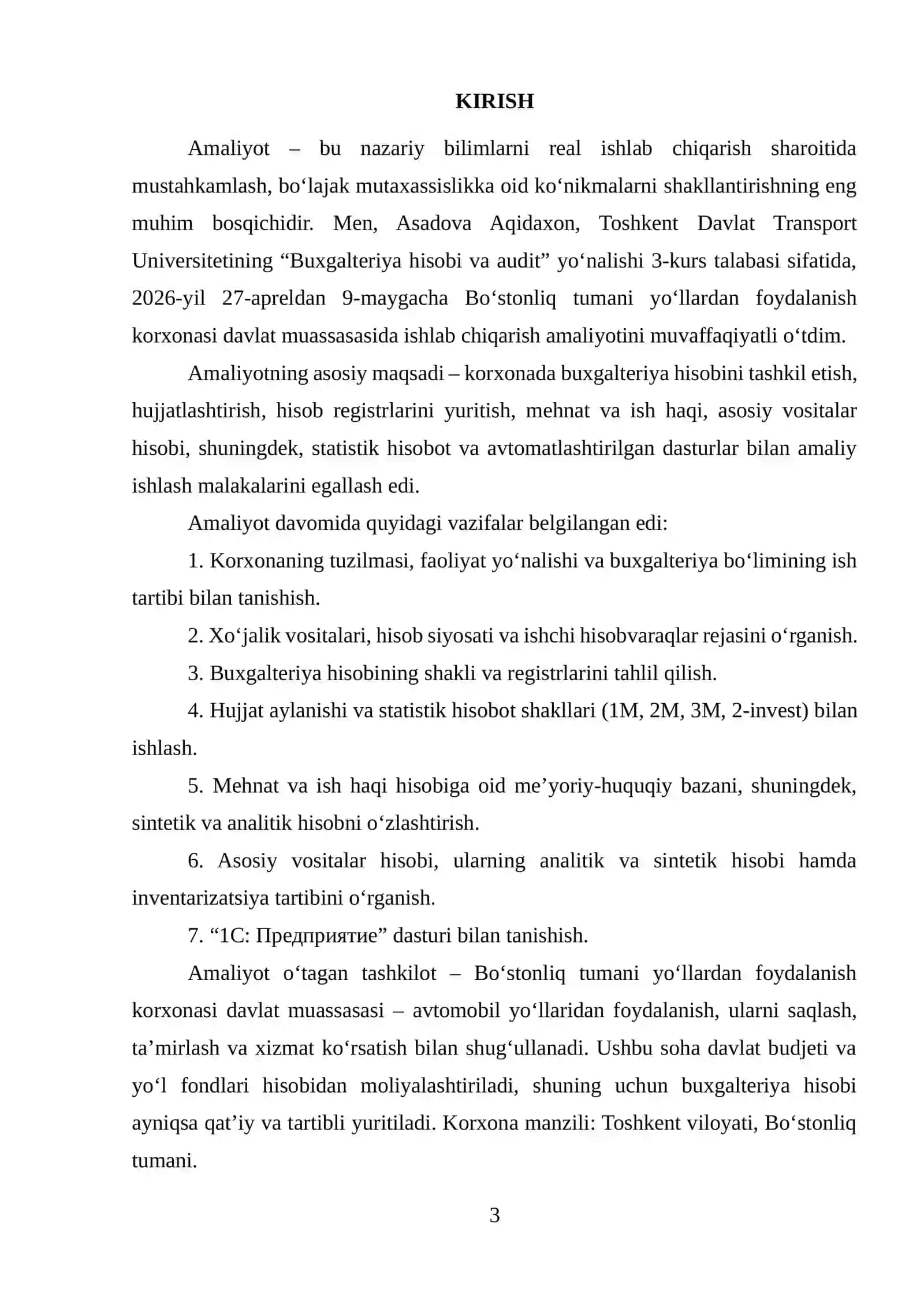 Bo‘stonliq tumani yo‘llardan foydalanish korxonasi davlat muassasasi 3