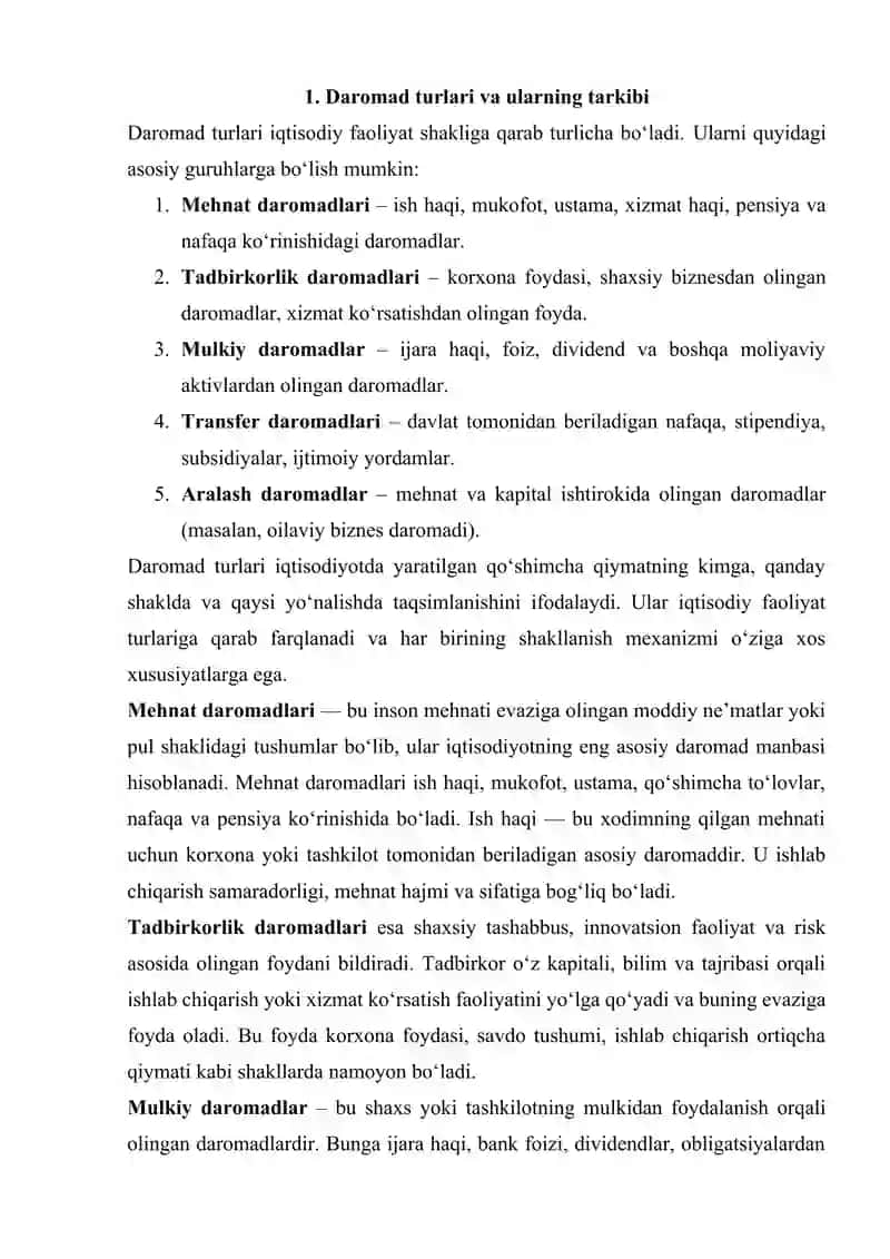 Daromad turlari tarkibi va ularning shakllanish tartibi, daromad manbalari 3