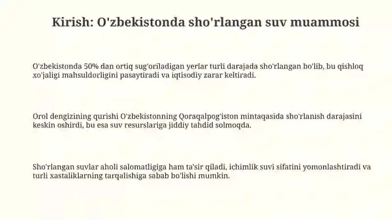 O'zbekistonda sho'rlangan suv muammosi 3
