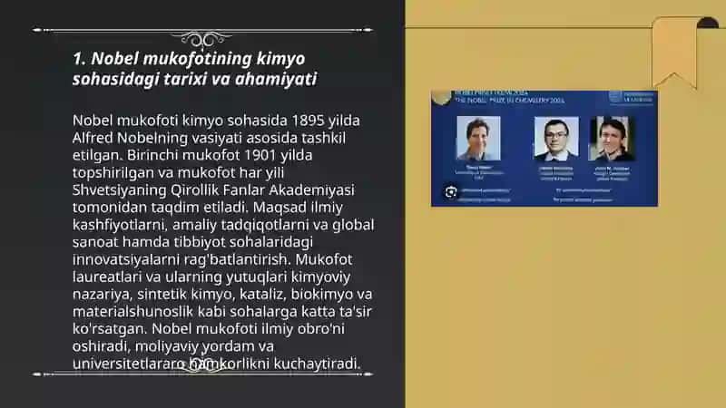Nobel mukofoti kimyo sohasidagi tarixi va ahamiyati 3
