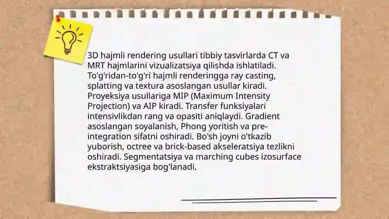 Tibbiy tasvirlarni (rentgen,KT,MRT) qayta ishlashda kompyuter grafikasi 3