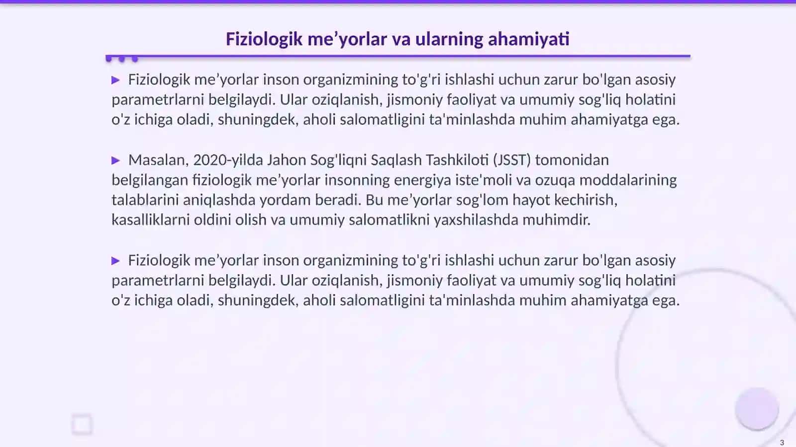 Aholini har xil qatlamlari uchun fiziologik meʼyorlar 3