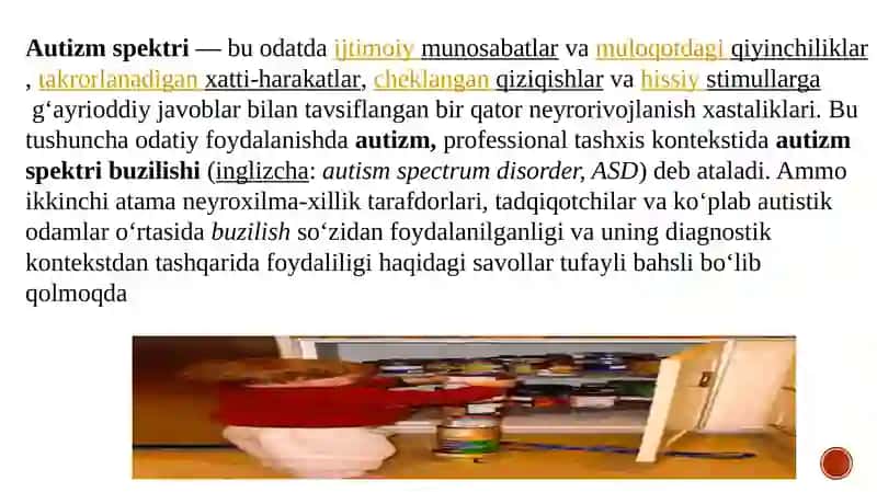 Turli darajadagi intelektual yetishmoqvchiligi bo’lgan bolalar, autistik spektr buzilishlariga ega  bolalar  uchun  inklyuziv ta’lim strategiyalari va ularni amalga oshirish shart sharoitlari. 3