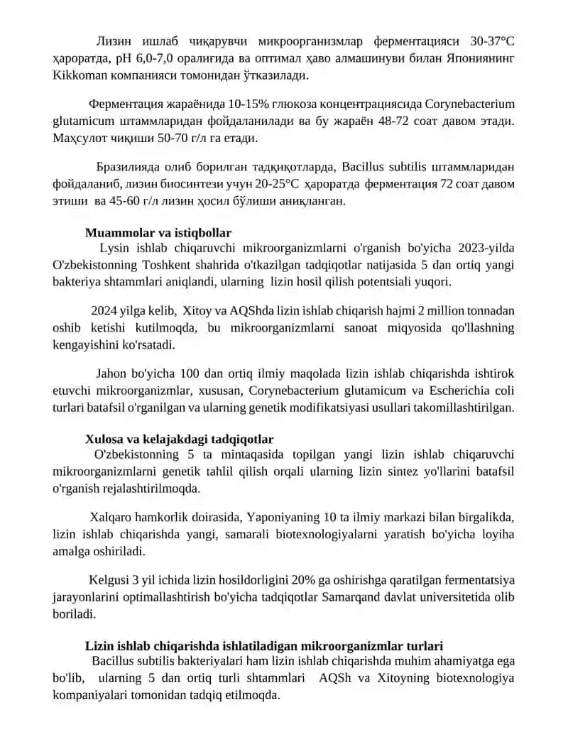 Lizin sentiz qiluvchi mikroorganizmlarni oʻrganish 3