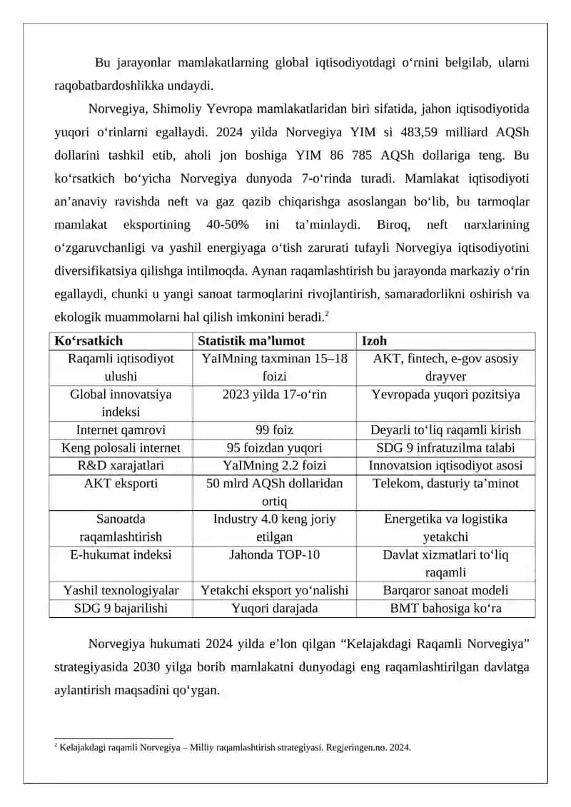 Raqamlashtirish sharoitida Norvegiya mamlakatining jahon iqtisodiyotida tutgan o’rni maqola 3