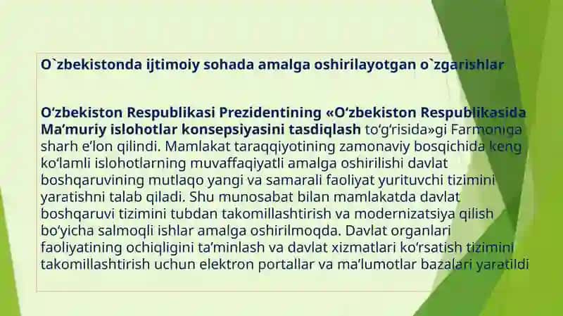 O`zbekistonda ijtimoiy sohada amalga oshirilayotgan o`zgarishlar 3