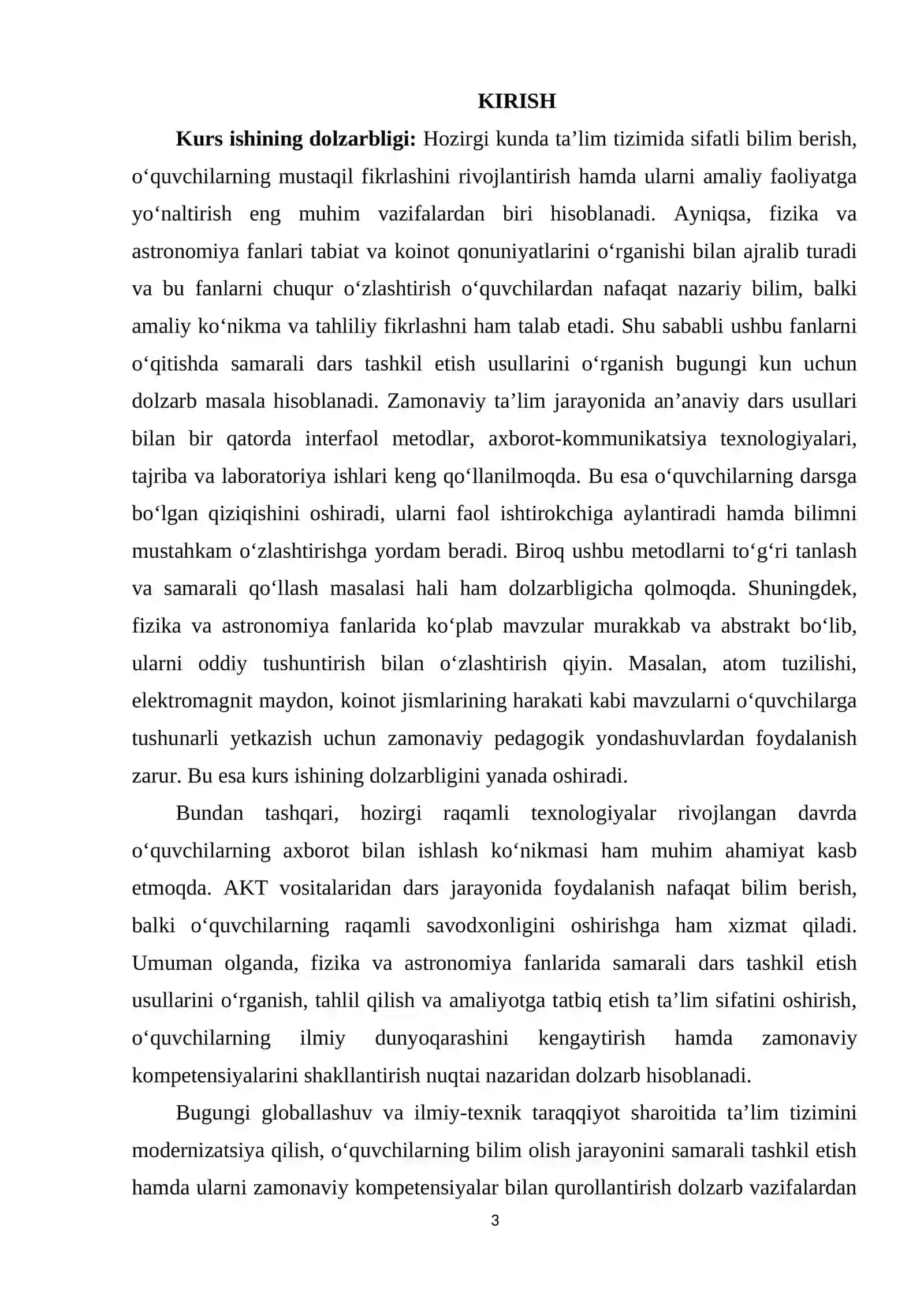 “FIZIKA VA ASTRONOMIYADAN SAMARALI DARSLAR TASHKIL ETISH USULLARI” KURS ISHI 3