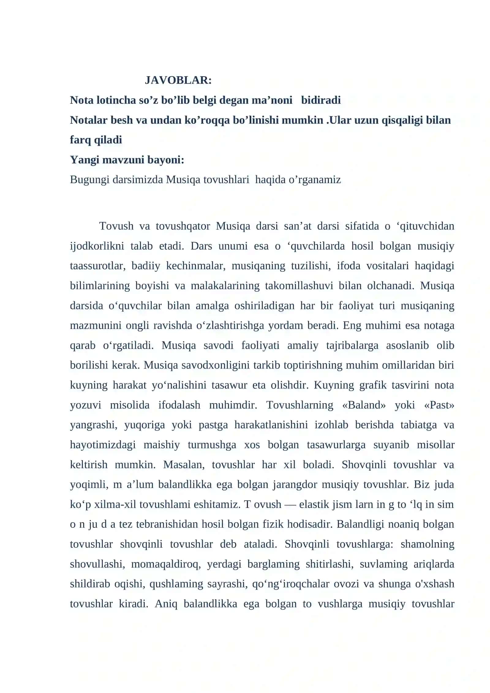 MUSIQA O’QITISH METODIKASI FANIDAN 1-SINFDA ‘’ MUSIQA TOVUSHLARI’’ MAVZUSIDA DARS ISHLANMASI 3