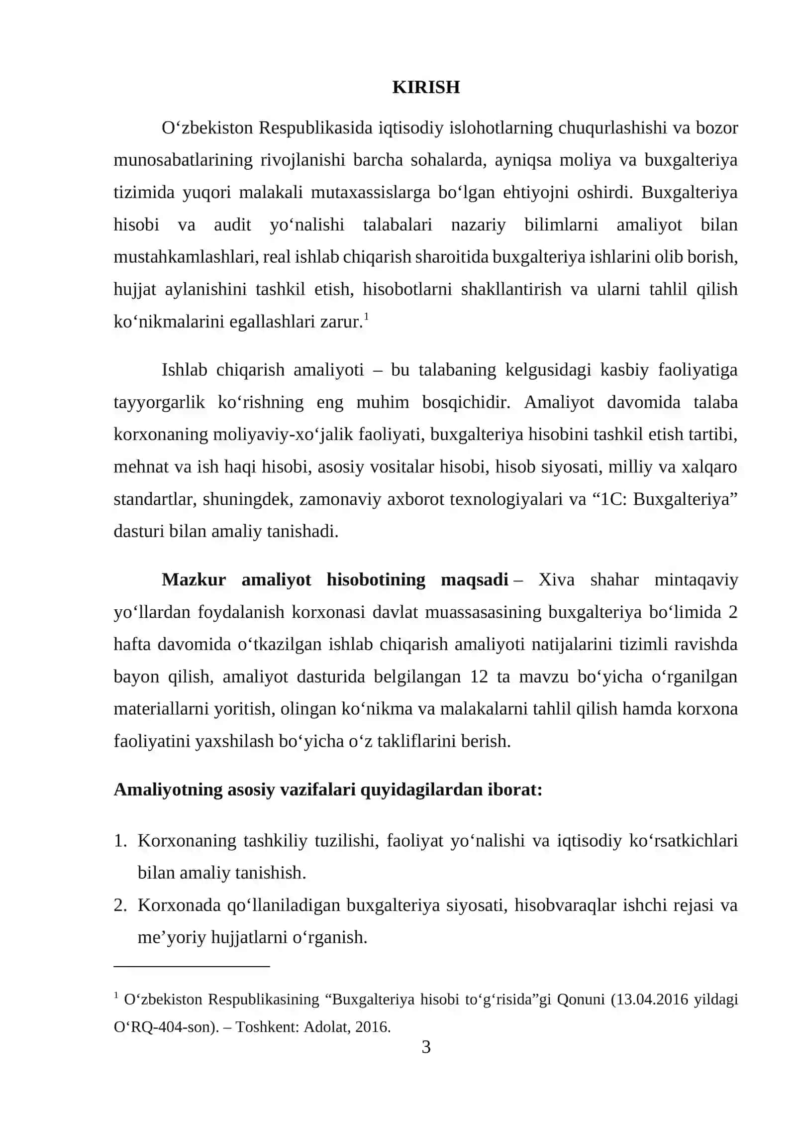 Amaliyot hisoboti. Xiva shahar mintaqaviy yoʻllardan foydalanish korxonasi davlat muassasasi 3
