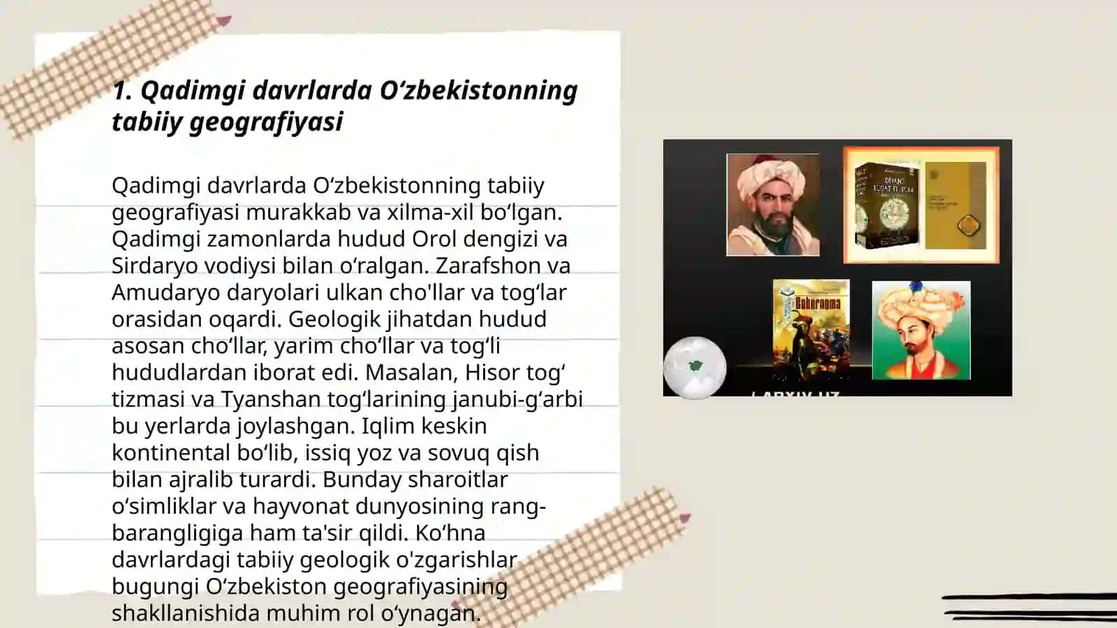 Oʻzbekistonni tabiiy geografik oʻrganish tarixi bosqichlarini va ularga qisqacha tavsif 3