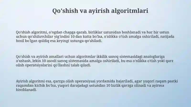 Oʻnli sanoq sistemasidagi nomanfiy butun sonlar arifmetik amallarning algoritmi 3