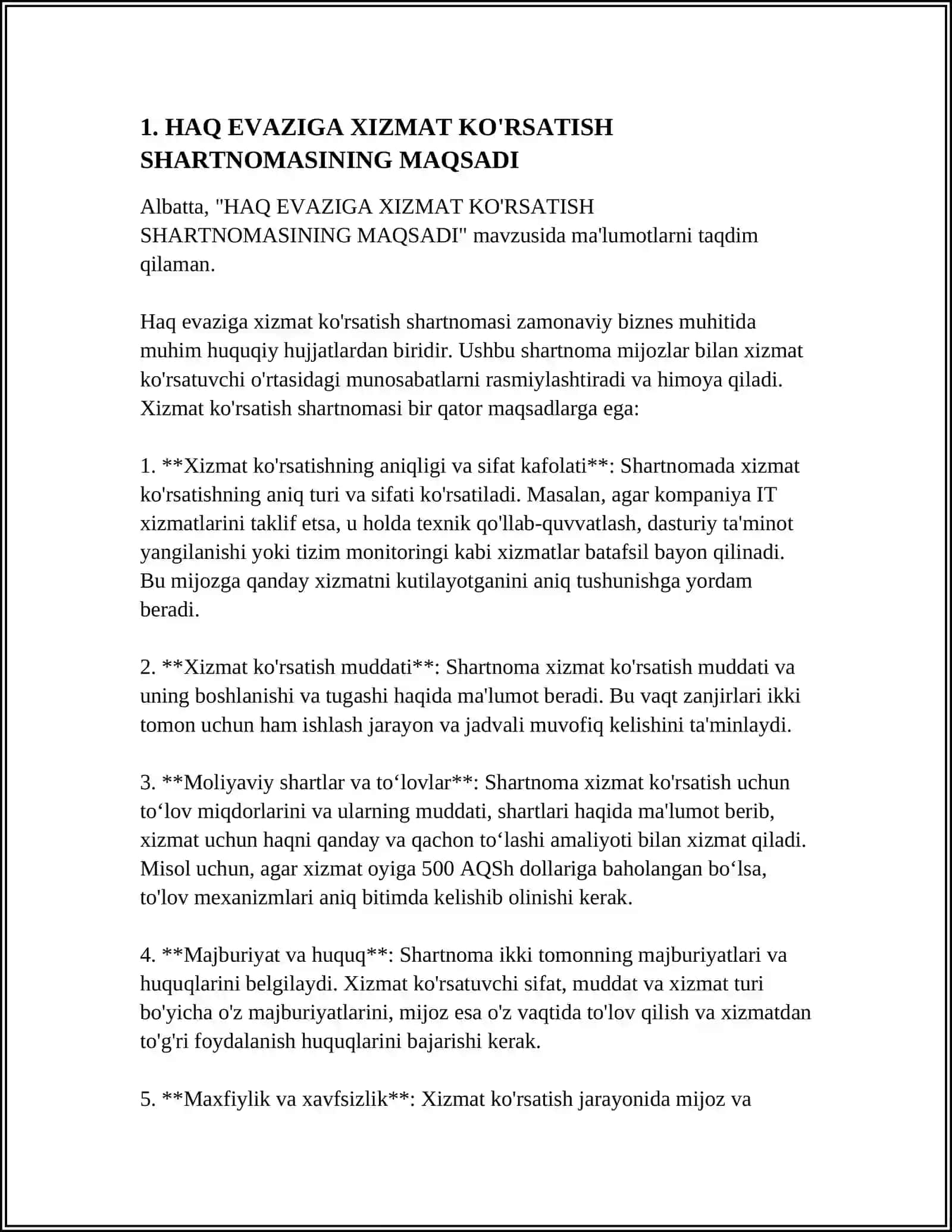 HAQ EVAZIGA XIZMAT KO'RSATISH SHARTNOMASI 3