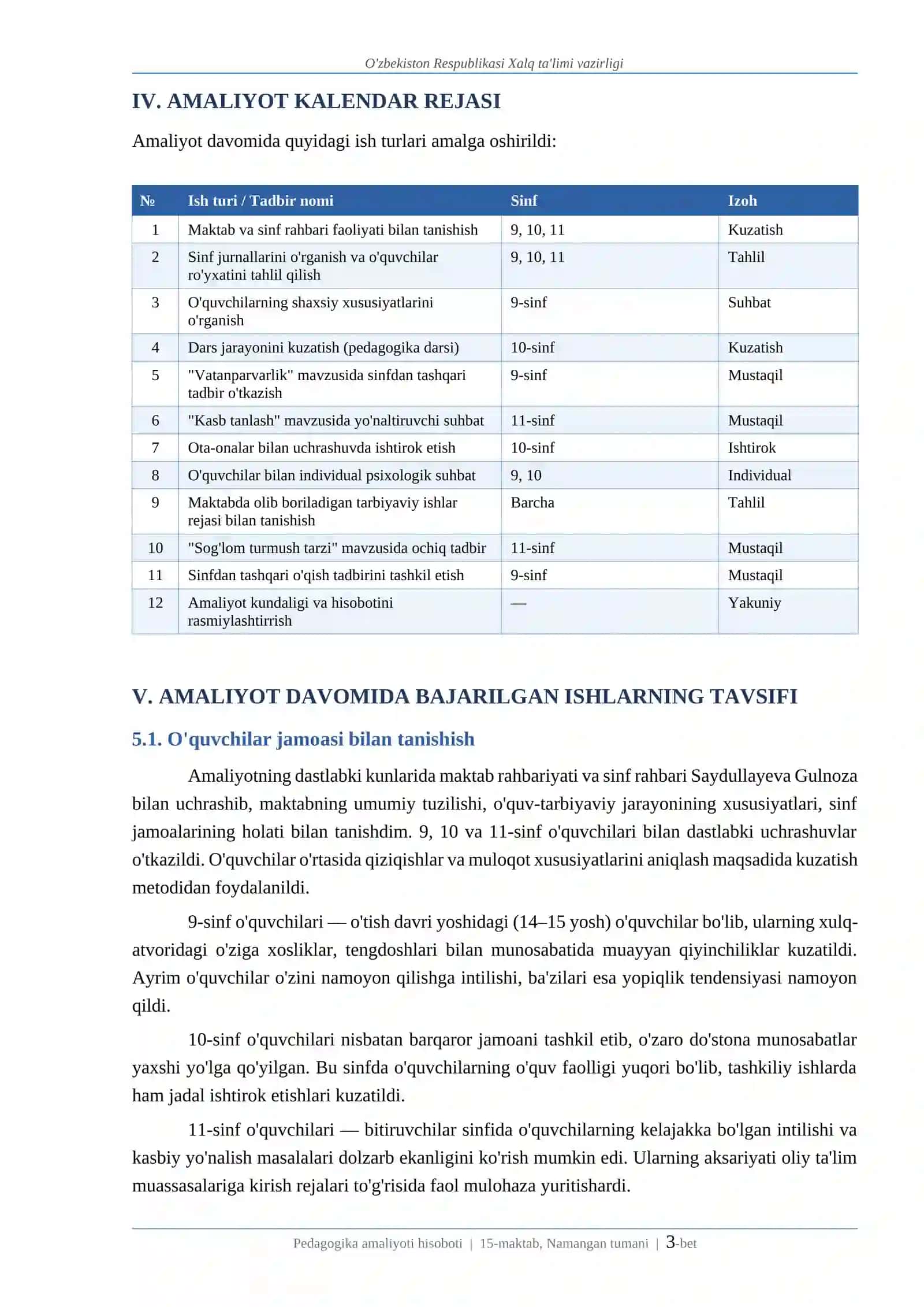 PEDAGOGIKA (TARBIYA) BO'YICHA ISHLAB CHIQARISH AMALIYOTI HISOBOTI 3