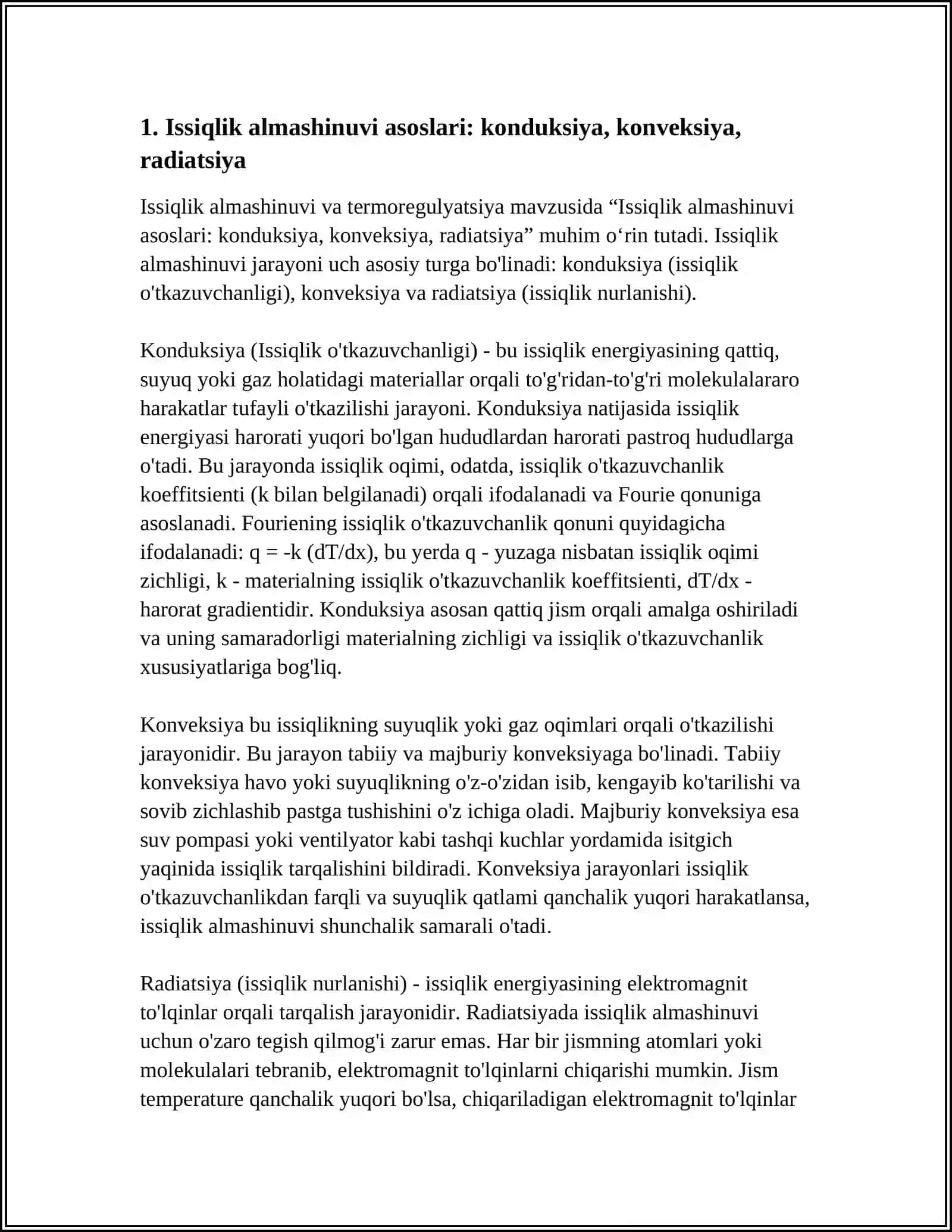 Issiqlik almashinuvi asoslari: konduksiya, konveksiya, radiatsiya 3