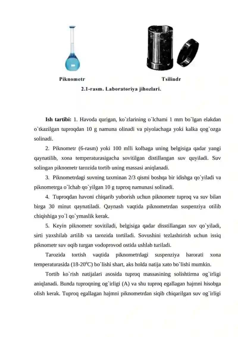 Tuprоqning hajm va sоlishtirma оg`irligini aniqlash va ular asоsida g`оvakligini hisоblash 3