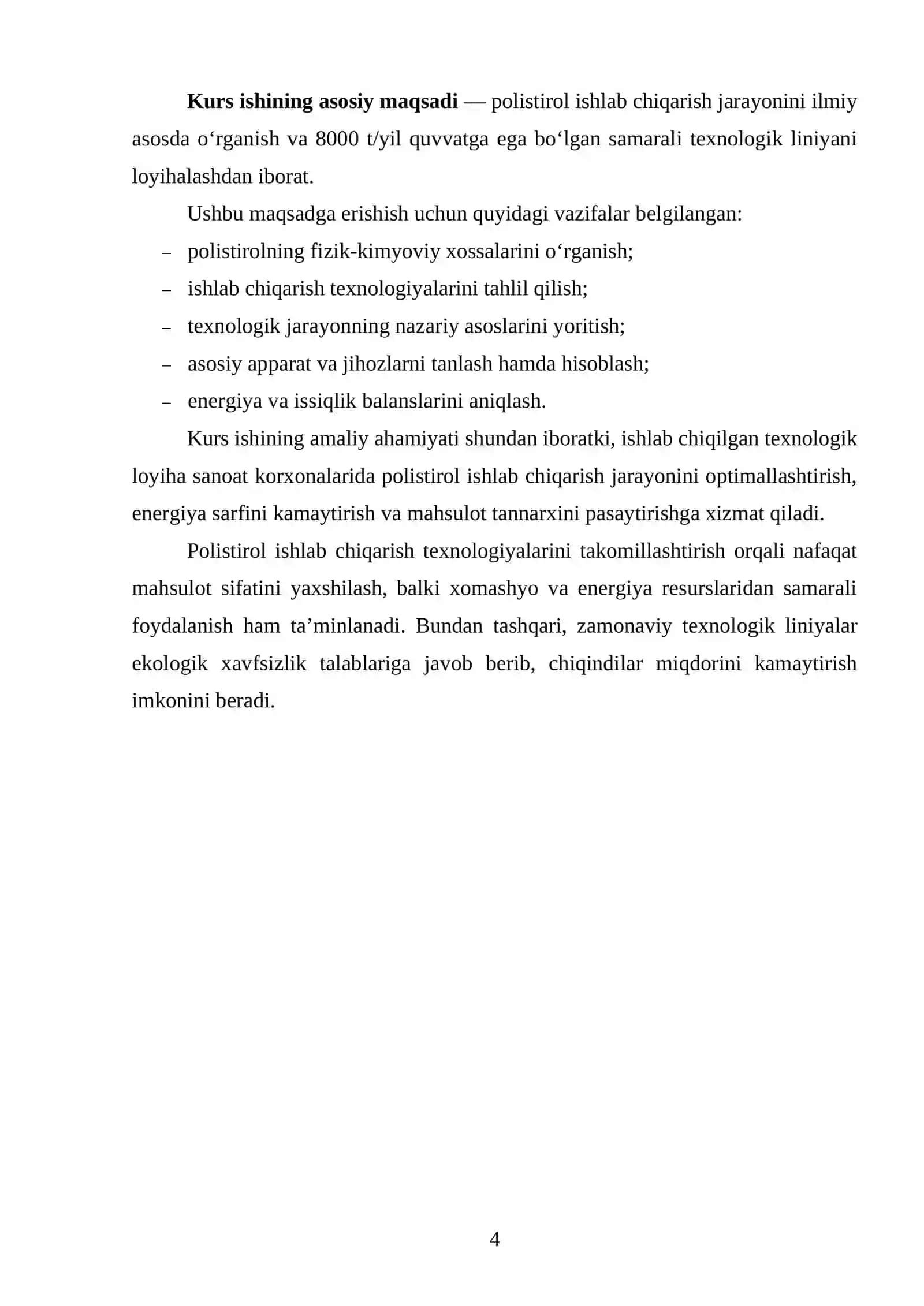 Quvvati Q=8000 t/yil boʻlgan polistirol ishlab chiqaradigan texnologik liniyasini loyihalash 3