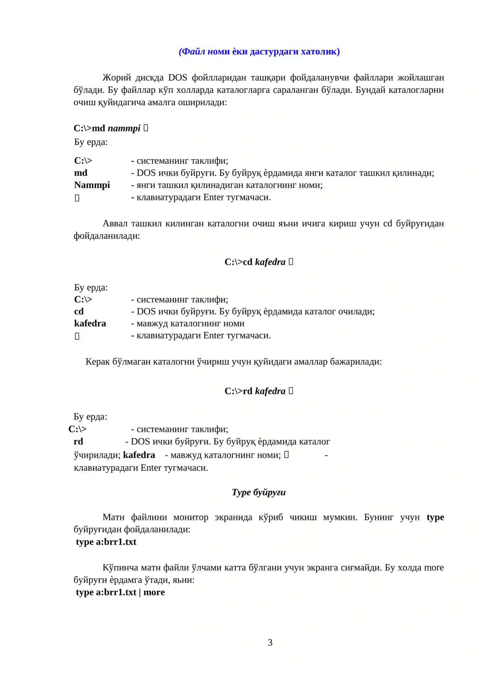 MS DOS операцион тизими ва унинг буйруқларининг тавсифи 3
