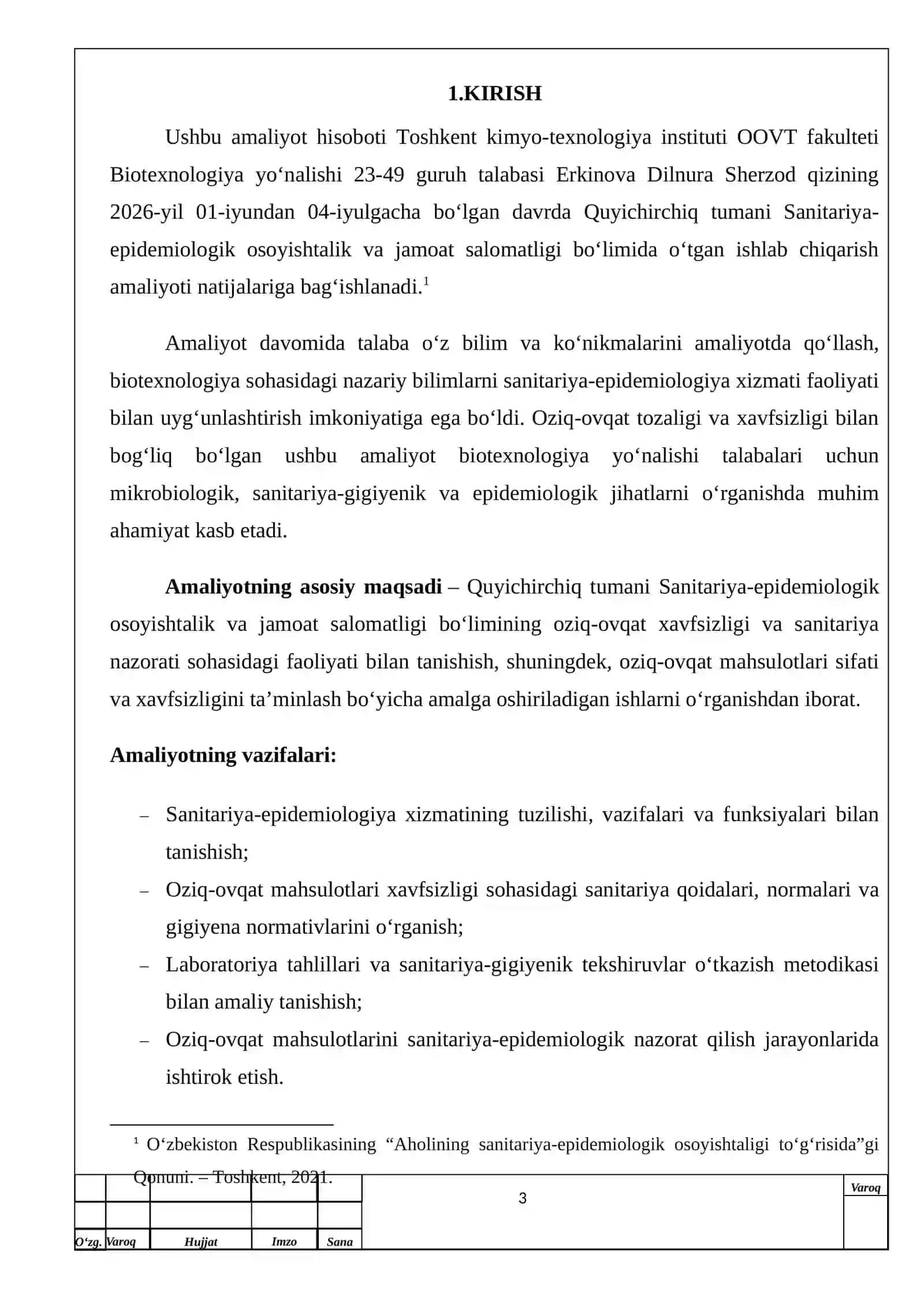 Quyichirchiq tumani Sanitariya-epidemiologik osoyishtalik va jamoat salomatligi boʻlimi. Amaliyot hisoboti 3