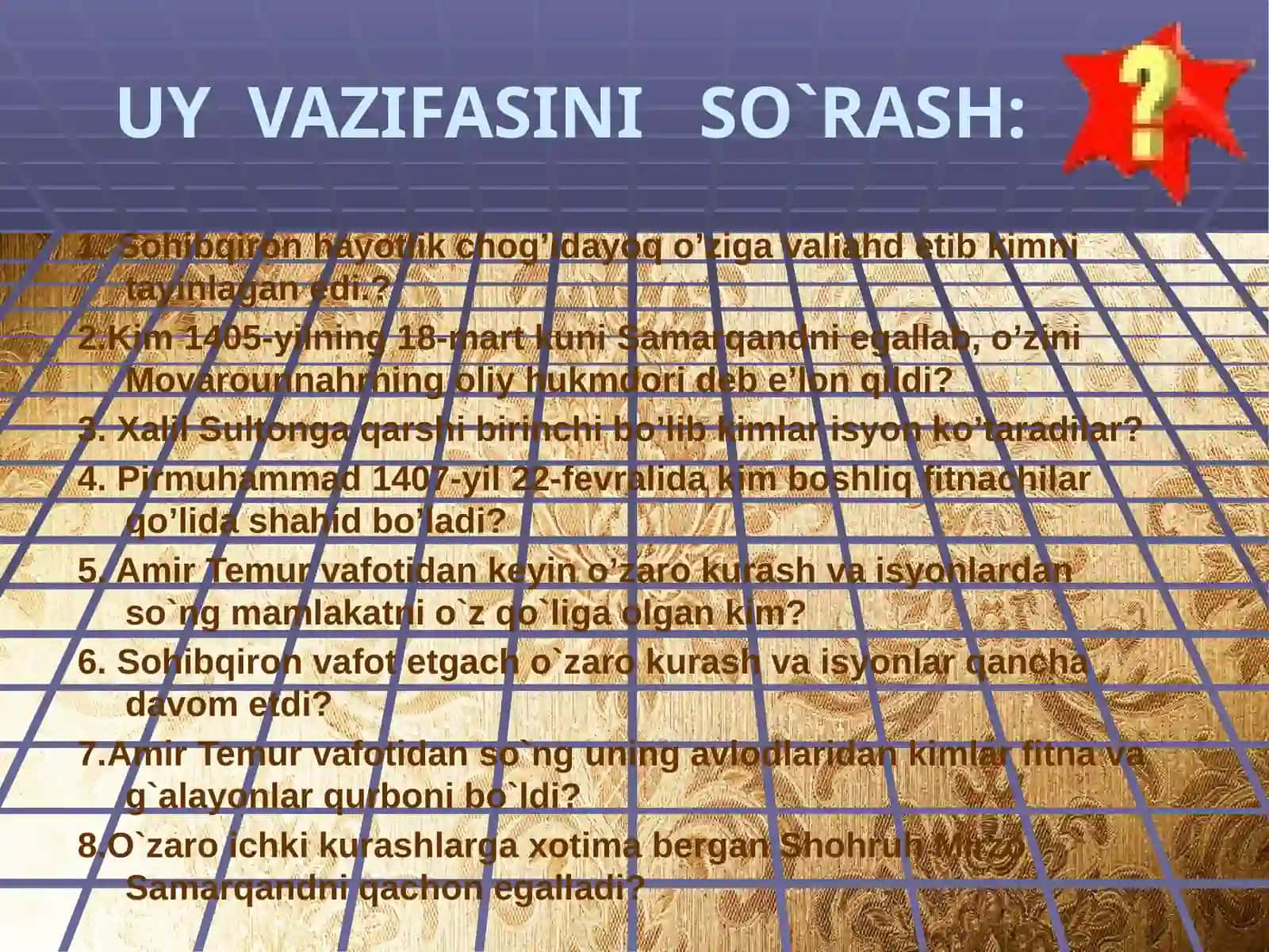 7-sinf O'zbekiston tarixi Mirzo Ulug'bek ma'rifatparvar davlat arbobi dars ishlanmasi 3