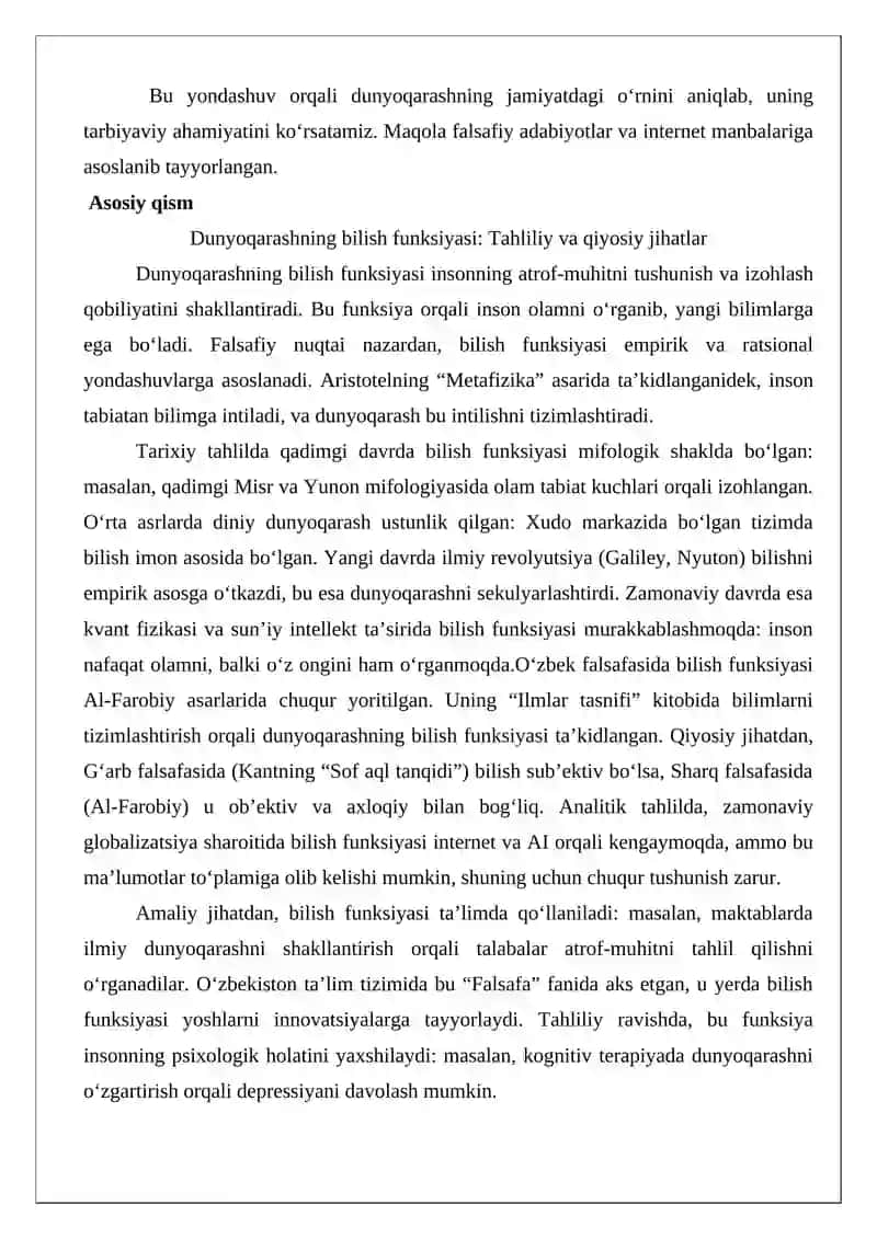 Dunyoqarashning bilish, qadriyatlarga munosabat, xulq atvorni tarbiyalash funksiyalari haqida ilmiy maqola 3