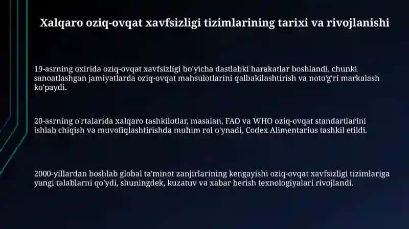 Oziq ovqat mahsulotlari xavfsizligi bilan shug'ullanuvchi xalqaro tizimlar 3