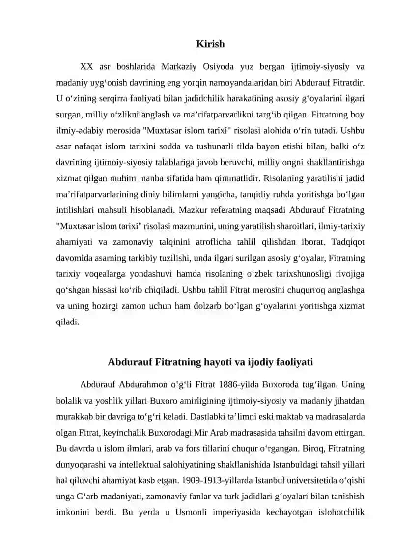 "Abdurauf Fitratning 'Muxtasar islom tarixi' risolasi boʻyicha maʼlumot" 3