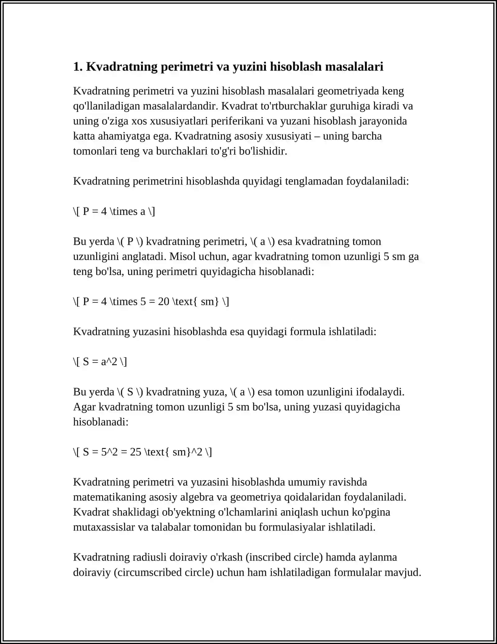 Kvadratning perimetri va yuzini hisoblash masalalari 3