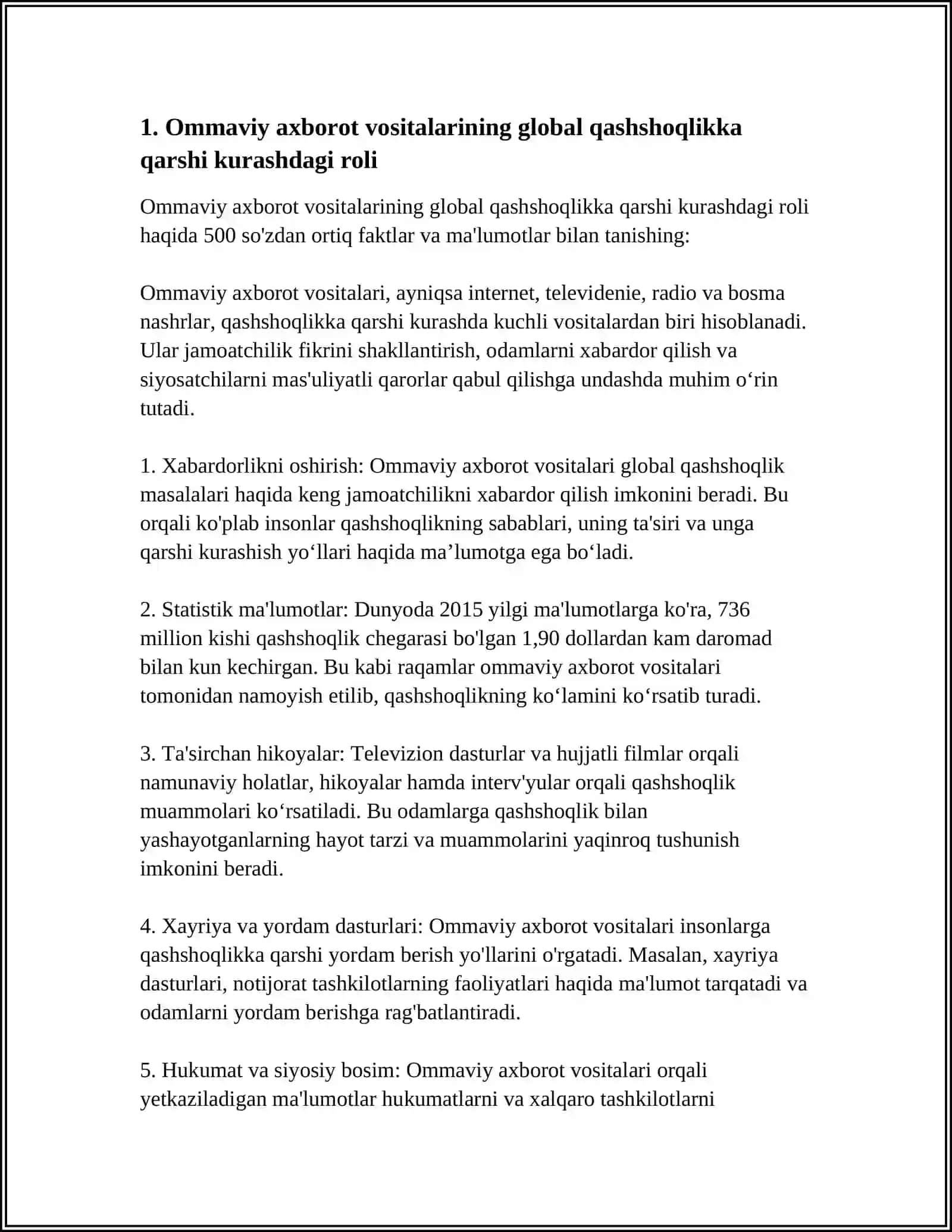 OMMAVIY AXBOROT VOSITALARI GLOBAL QASHSHOQLIKKA QARSHI KURASHISH BOʻYICHA DIPLOMATIK STRATEGIYA ISHTIROKCHI SIFATIDA 3