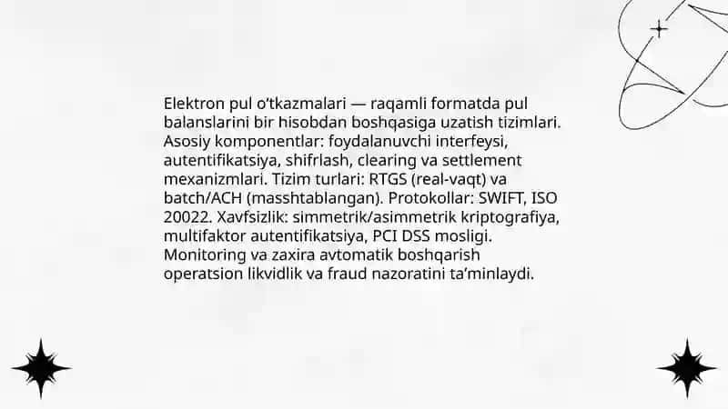 Elektron pul oʻtkazmalari. Zaxiralarni avtomatik boshqarish 3