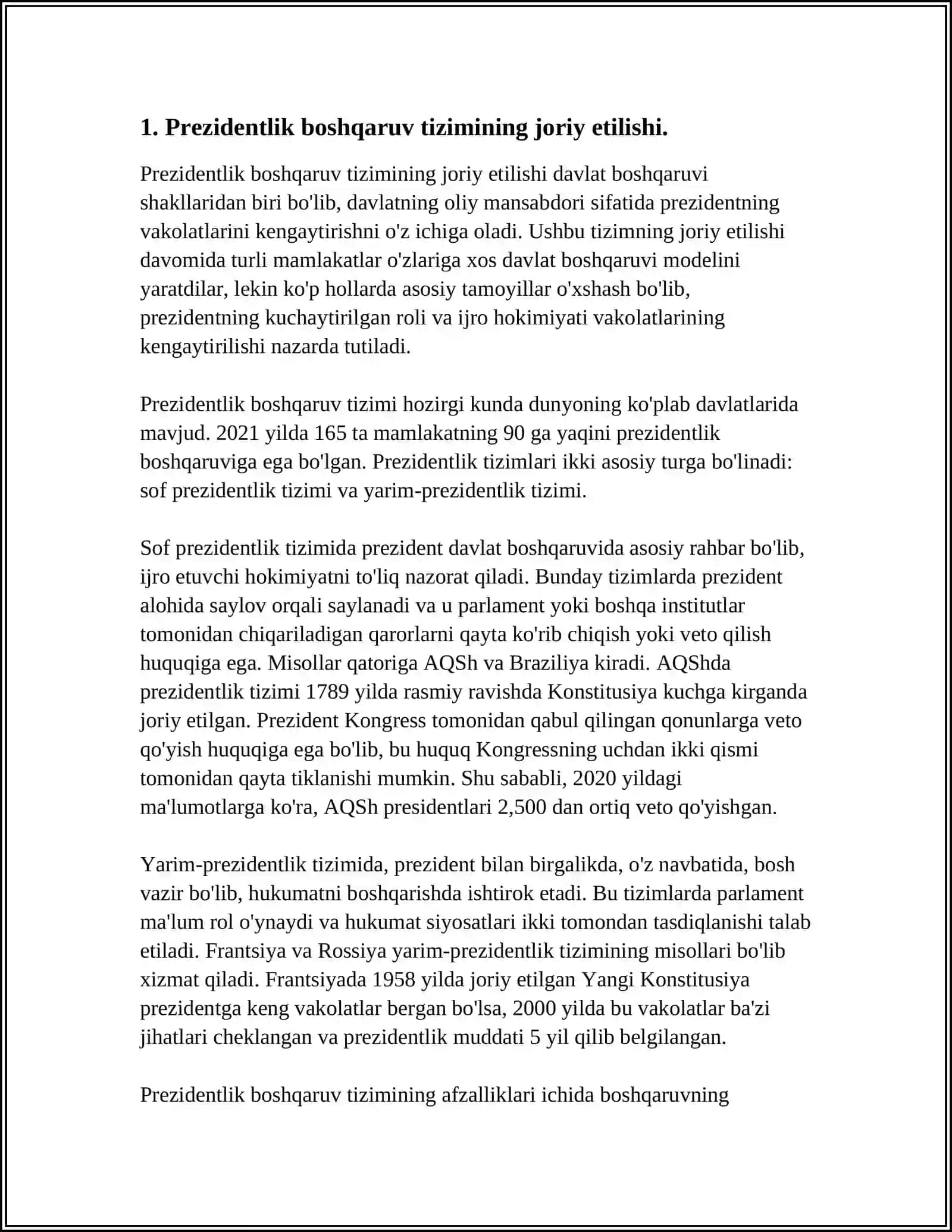 O'ZBEKISTONDA PREZIDENTLIK BOSHQARUVINING JORIY ETILISHI VA UNING SABABLARI. OʻZBEKISTON RESPUBLIKASI PREZIDENTINING KONSTITUTSIYAVIY MAQOMI 3