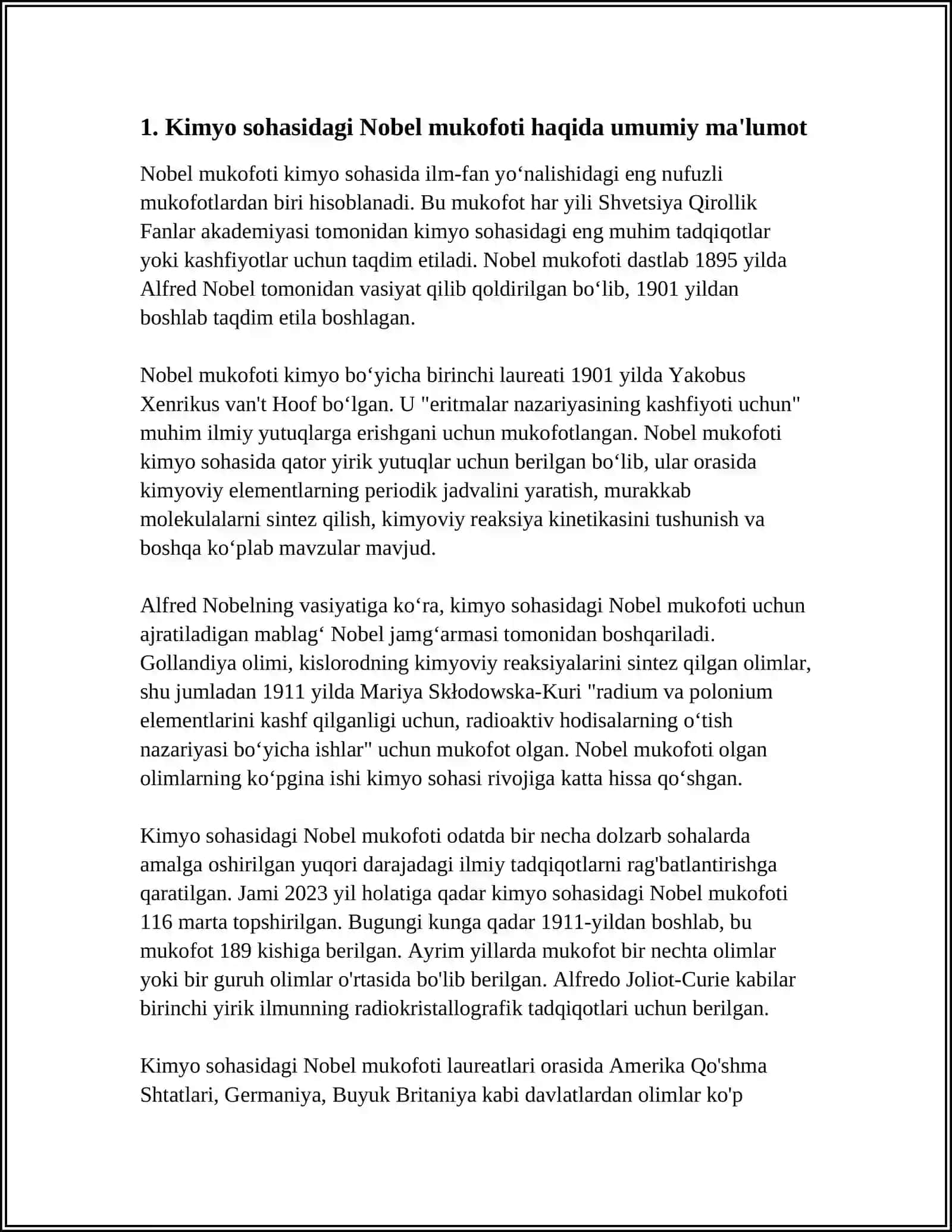 KIMYO SOHASIDAGI NOBEL MUKOFOTI SOVRINDORLARI VA YUTUQLARI 3