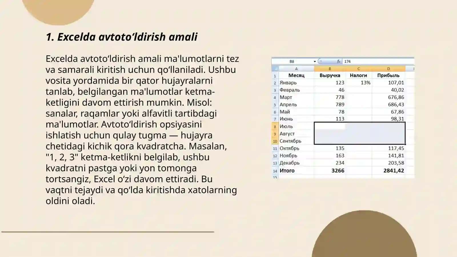 Excelda avtoto‘ldirishlar va avtohisoblashlar 3