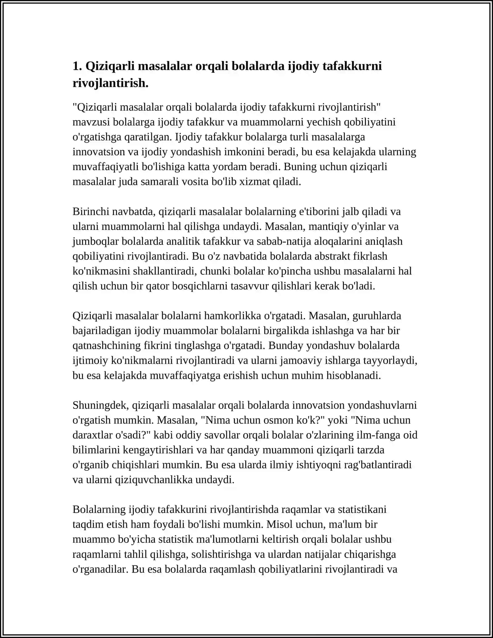 QIZIQARLI VA MANTIQIY MASALALAR TUZISH VA YECHISHNING BOLALAR ONGIGA TAʼSIRI 3